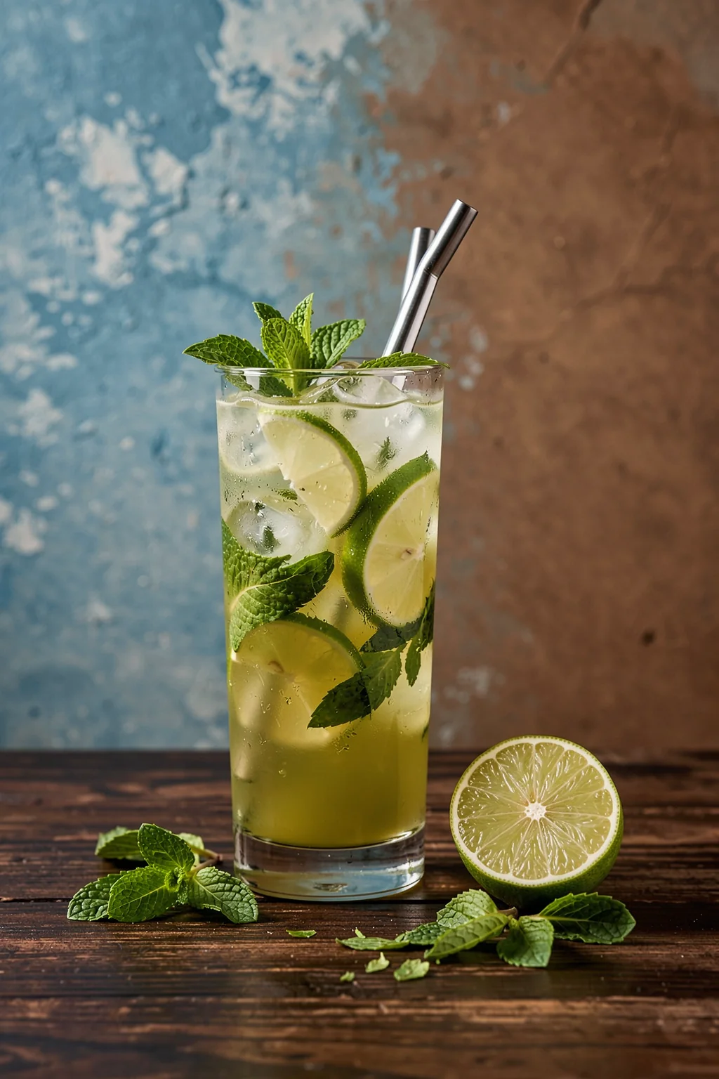 Refreshing Lime Mojito. A glass of lime mojito with ice, lime slices and mint sits on a dark wooden table beside a cut lime.