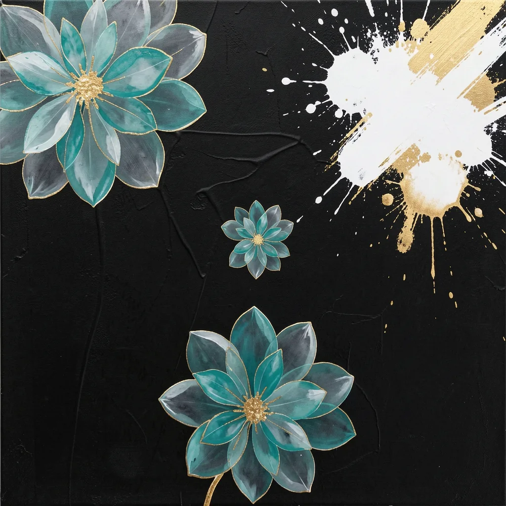 Elegant Gold Flowers. Teal and grey stylized flowers outlined in gold float over a textured black ground with white and gold paint splashes.