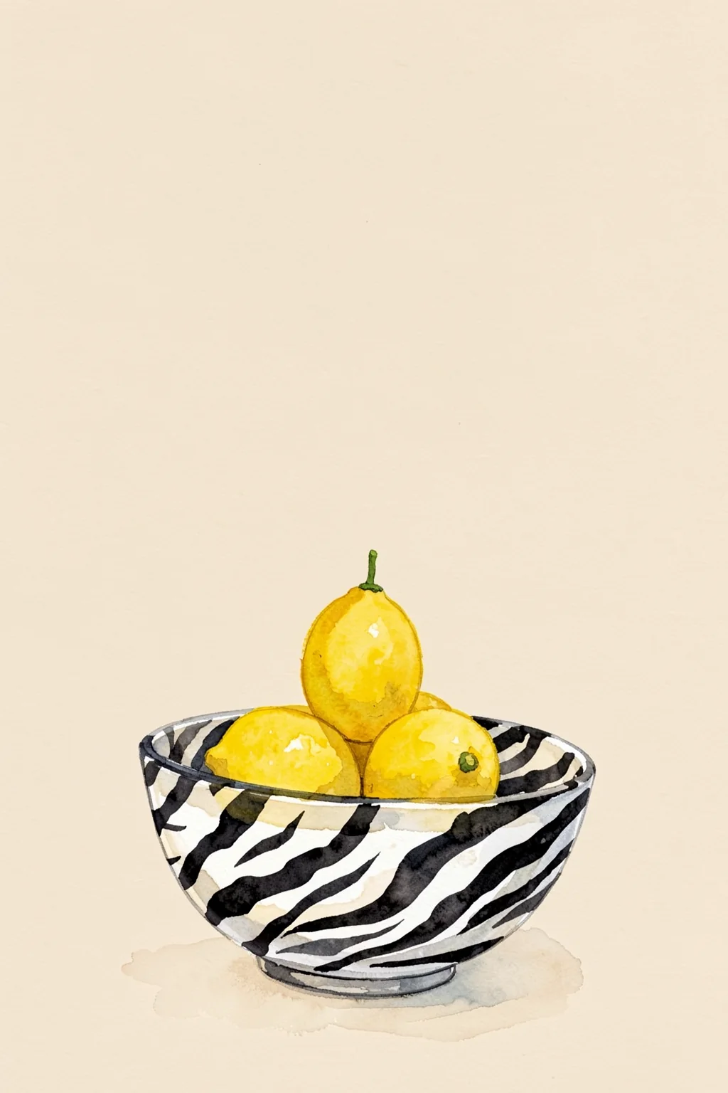 Zebra Stripe Citrus. Three yellow lemons sit in a black-and-white zebra-striped bowl on a pale cream ground.