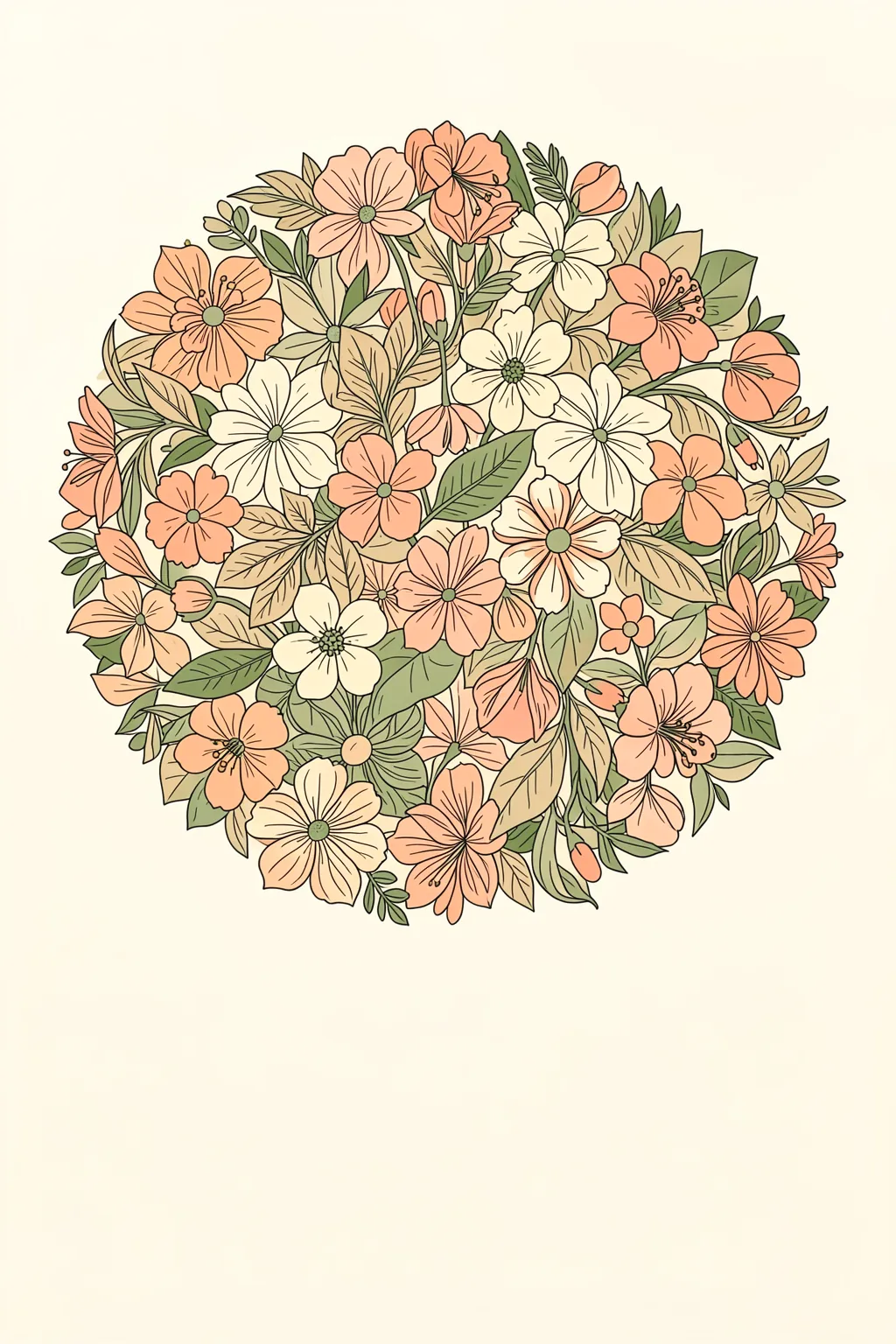 Jasmine. A rounded bouquet of peach and cream flowers with muted green leaves is drawn in fine lines on ivory.