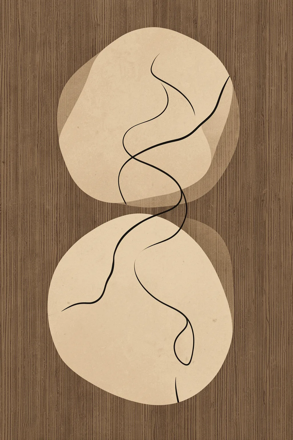 Curves of Serenity. Two large overlapping pale stone-coloured circles with thin flowing black curves sit on a dark wood-grain background.