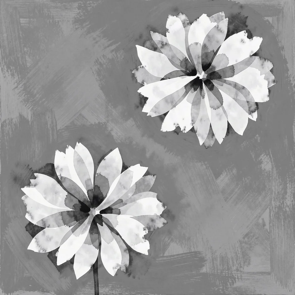 Abstract White Blooms. Two white, dark-centred flowers sit on a textured grey ground in a loose monochrome painting.