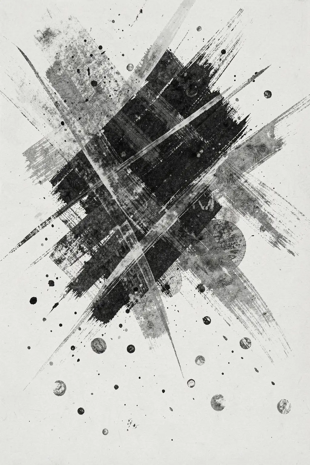 Fluid Brushstroke Abstract. Intersecting black and grey brushstrokes, splatters and translucent angular forms create an abstract composition on off-white.