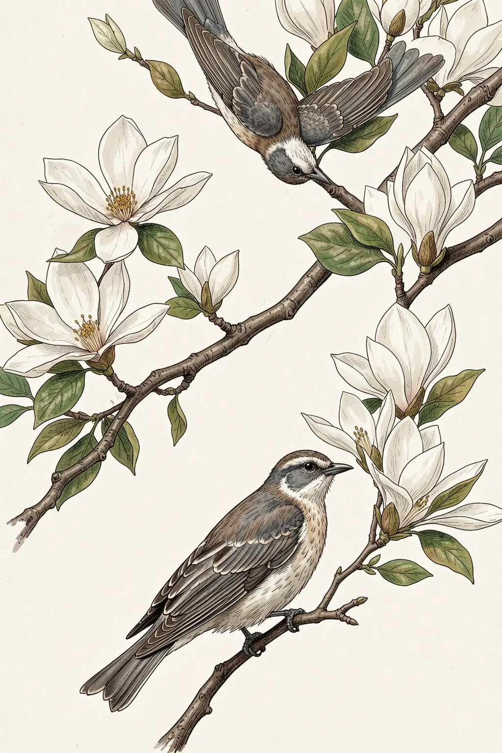 Warbling Flycatcher From Birds of America (1827). Two small brown-and-grey birds perch among white magnolia blossoms and green leaves on branching stems.