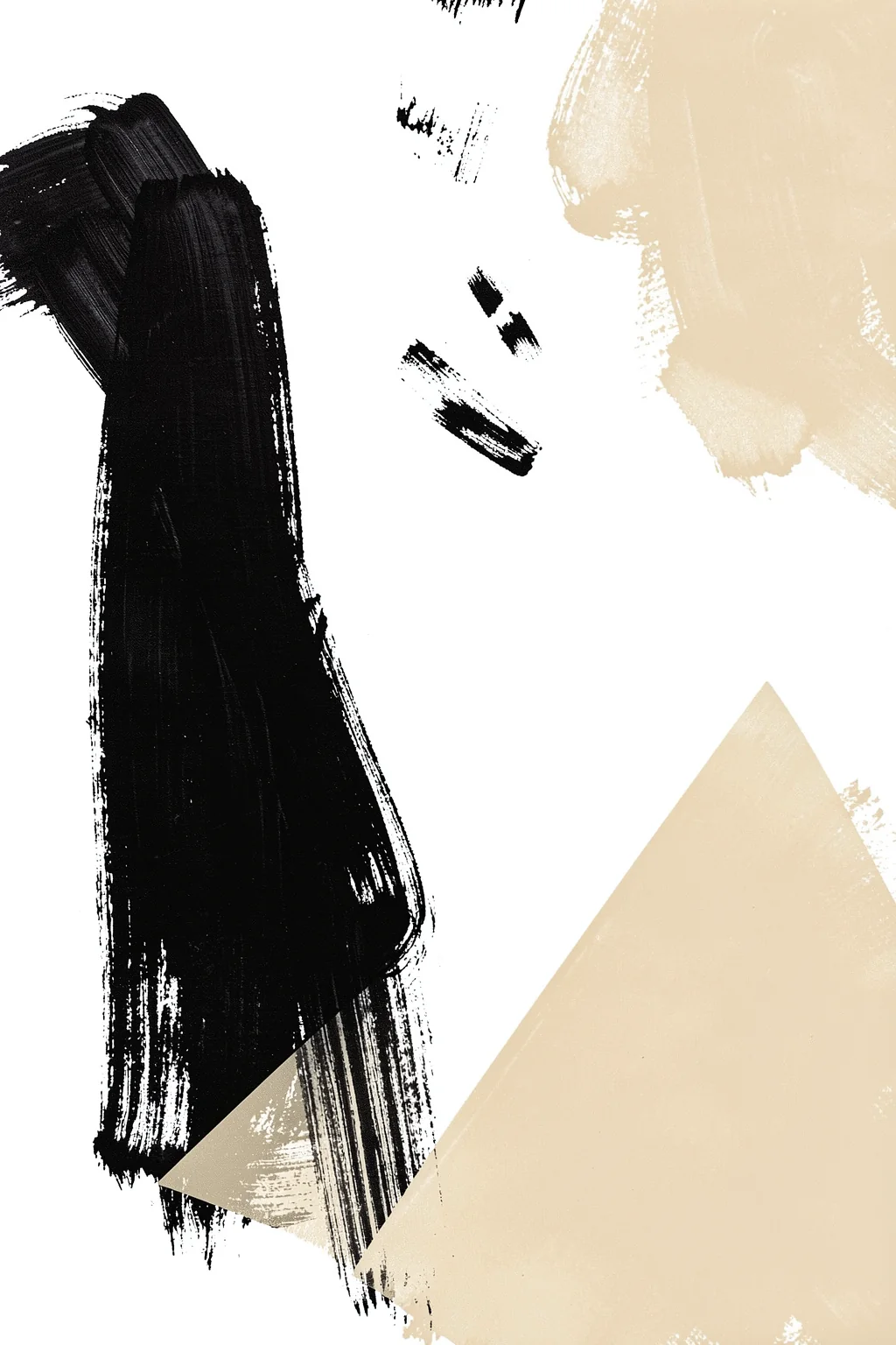 Monochrome Dance. Bold black brushstrokes and pale beige geometric shapes form an abstract composition on white.