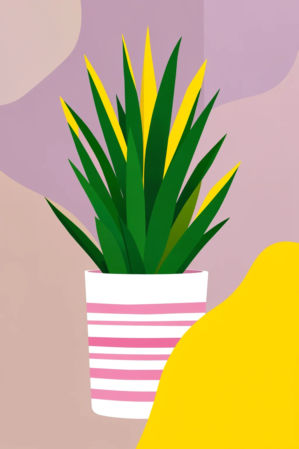 Vibrant Botanical Shapes. A graphic green plant with long pointed leaves and yellow accents grows from a pink-and-white striped pot against pastel geometric shapes.