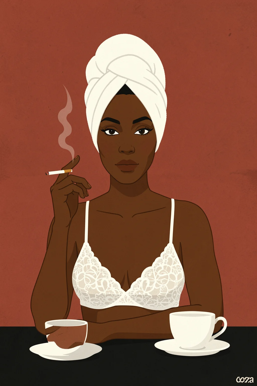 Fuck you. An illustrated woman in a white towel turban and lace top holds a cigarette beside two cups against a rust-coloured background.
