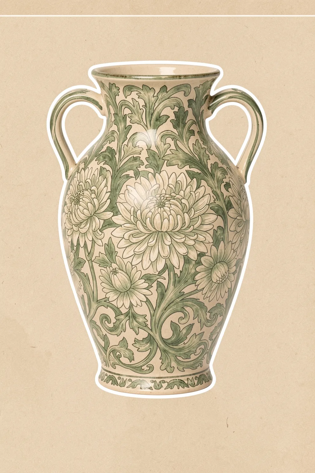 Wm Greek 10ratio 4x5 Print By Bohonewart. A decorative two-handled vase covered in pale green foliage and cream flowers is centred on textured beige.