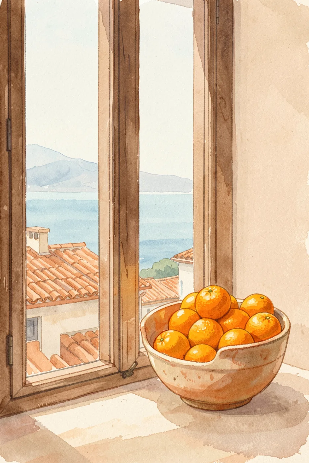 Oranges By The Sea. A bowl of oranges sits on a sunny windowsill overlooking rooftops, blue water and distant hills.