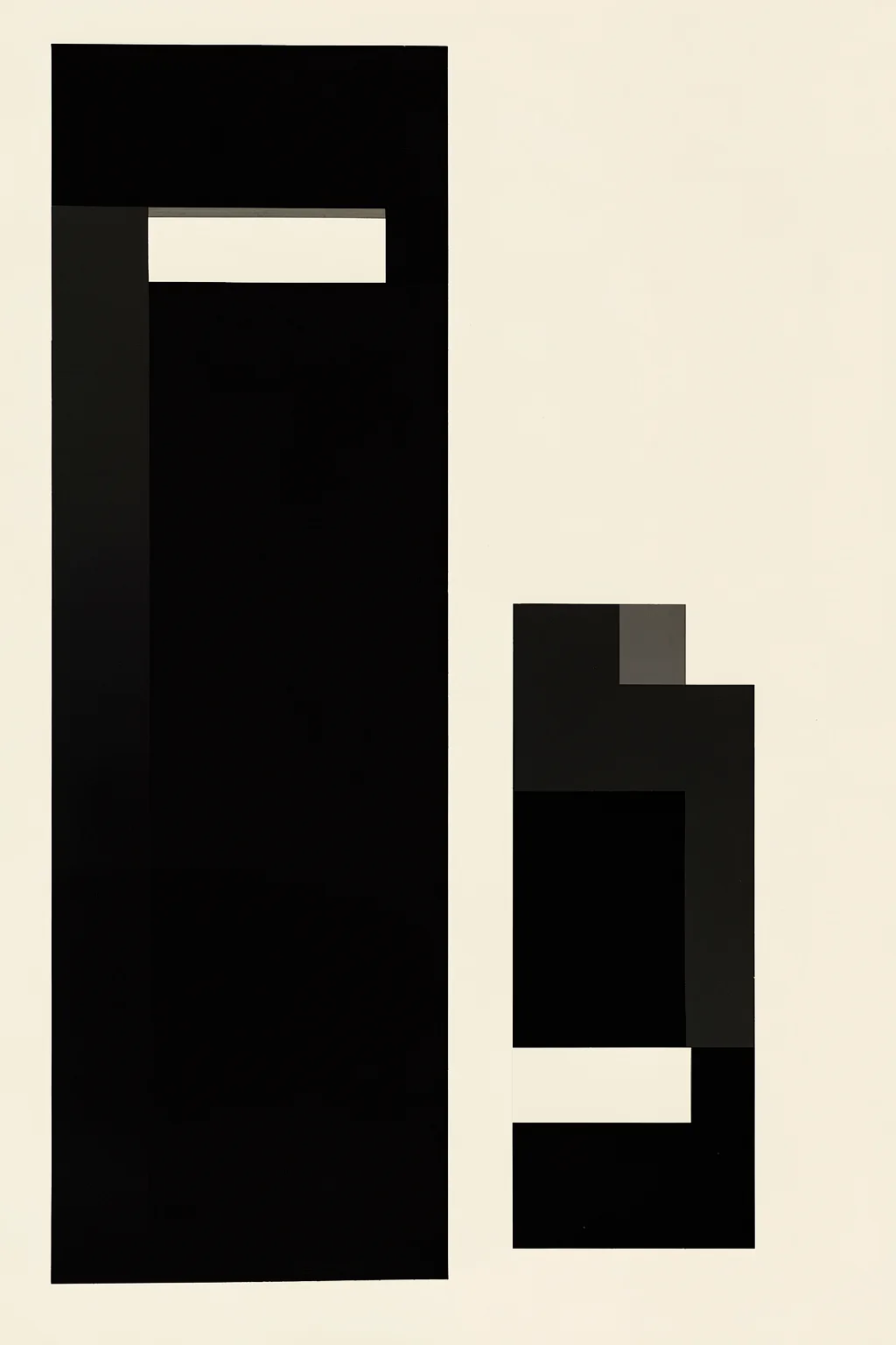 Minimalist Black Shapes. Two tall arrangements of black rectangular blocks stand on a warm ivory background.
