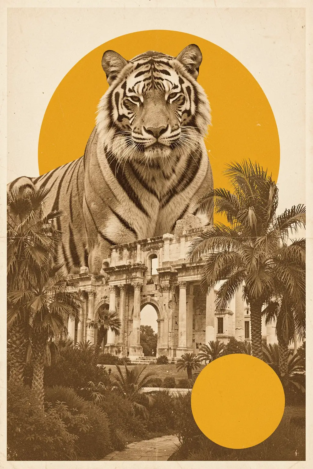Majestic Tiger Ancient Ruins. A tiger portrait is layered over palm trees and classical ruins, with a large golden sun and a smaller ochre circle.