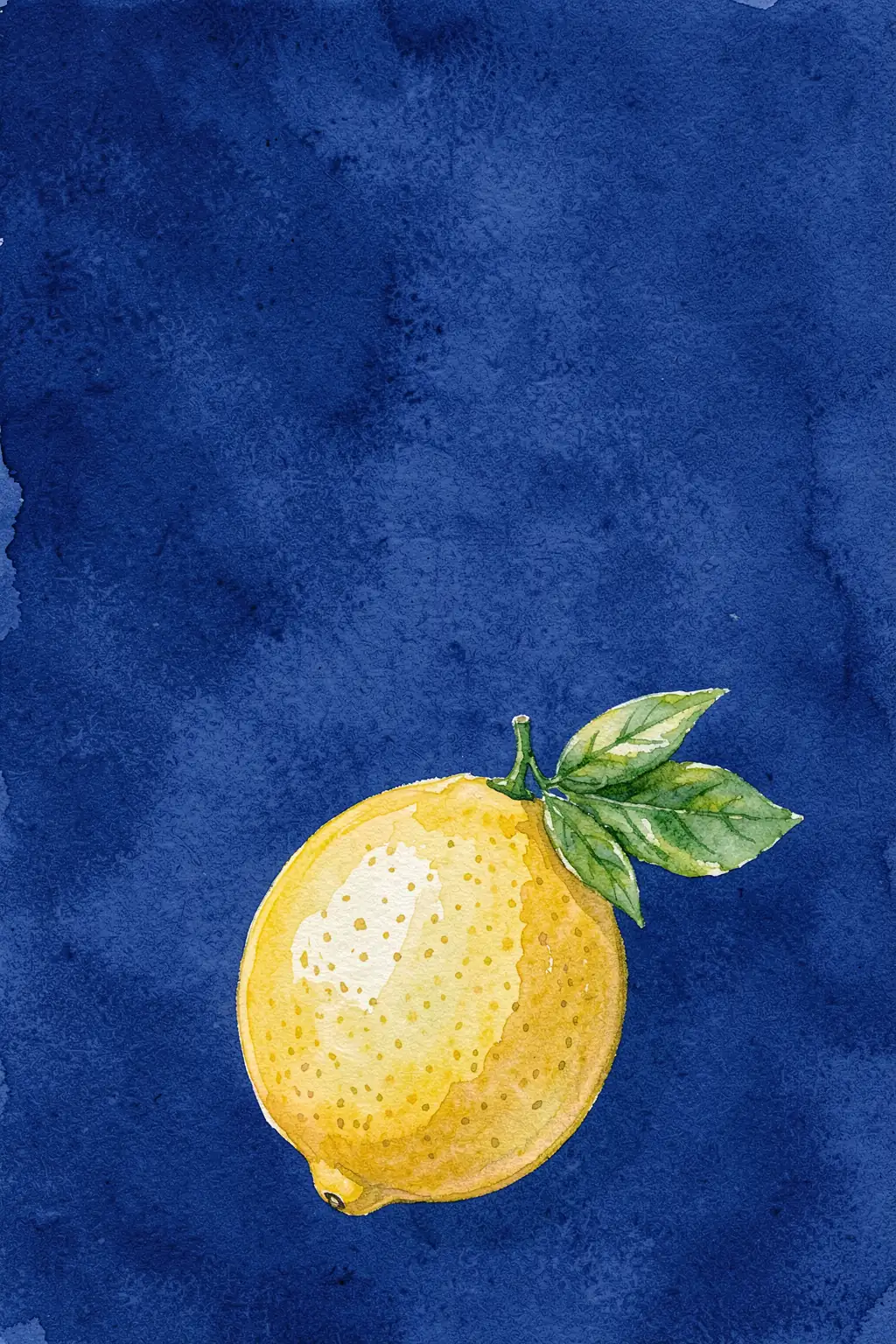 Just a little lemon. A single yellow lemon with green leaves is painted against a deep textured blue background.