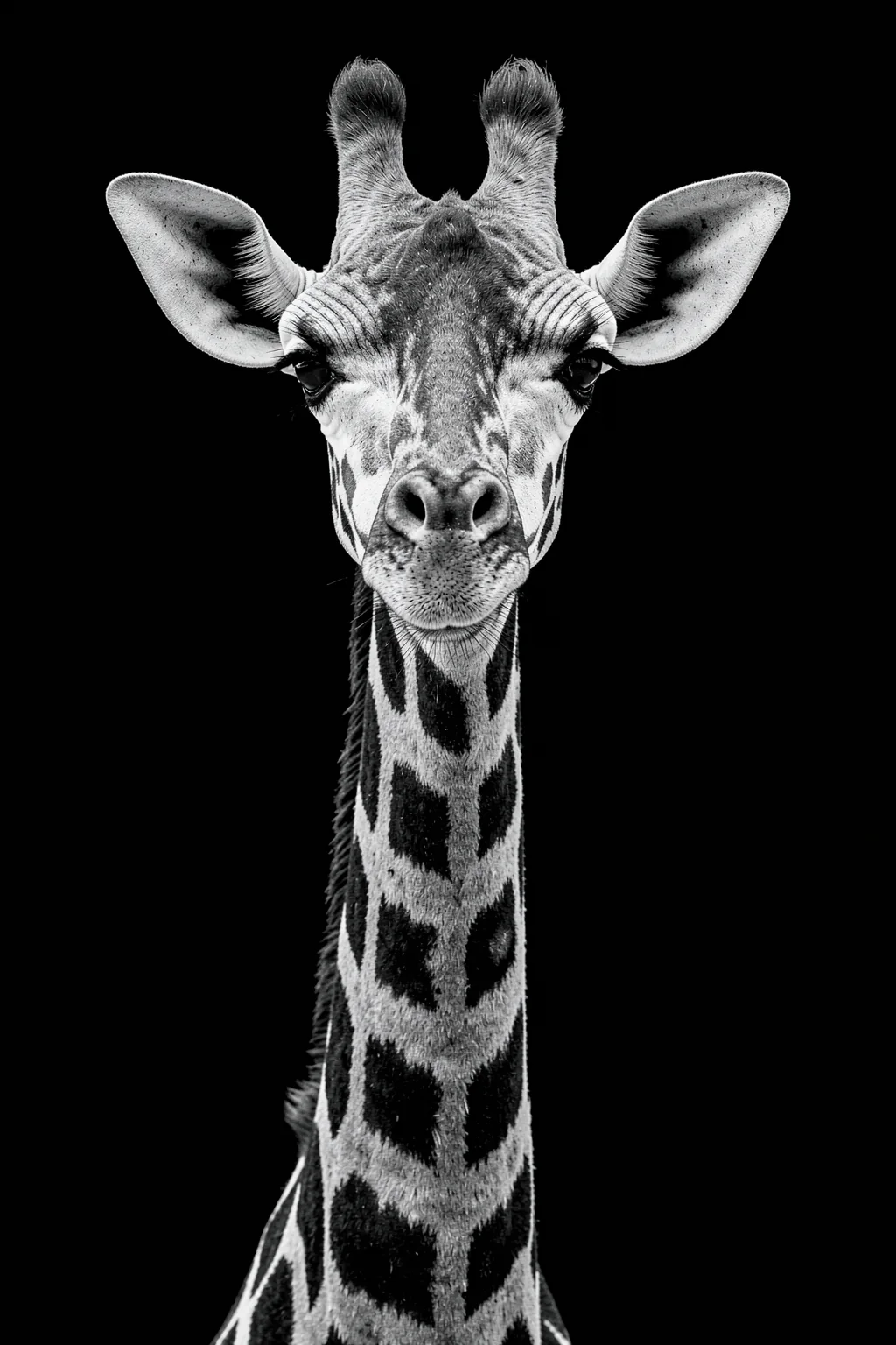 Elegant Giraffe Portrait. A black-and-white close-up portrait shows a giraffe facing forward against a solid black background.