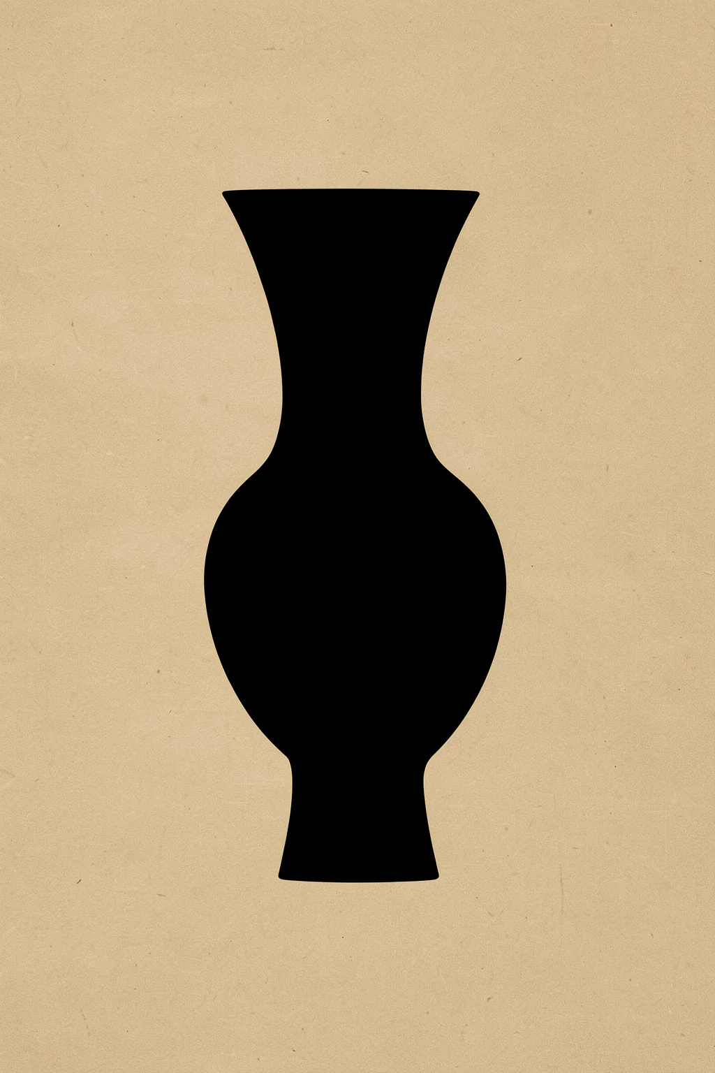 Abstract Black Vase. A simple black vase silhouette stands centred on a warm, lightly textured beige background.