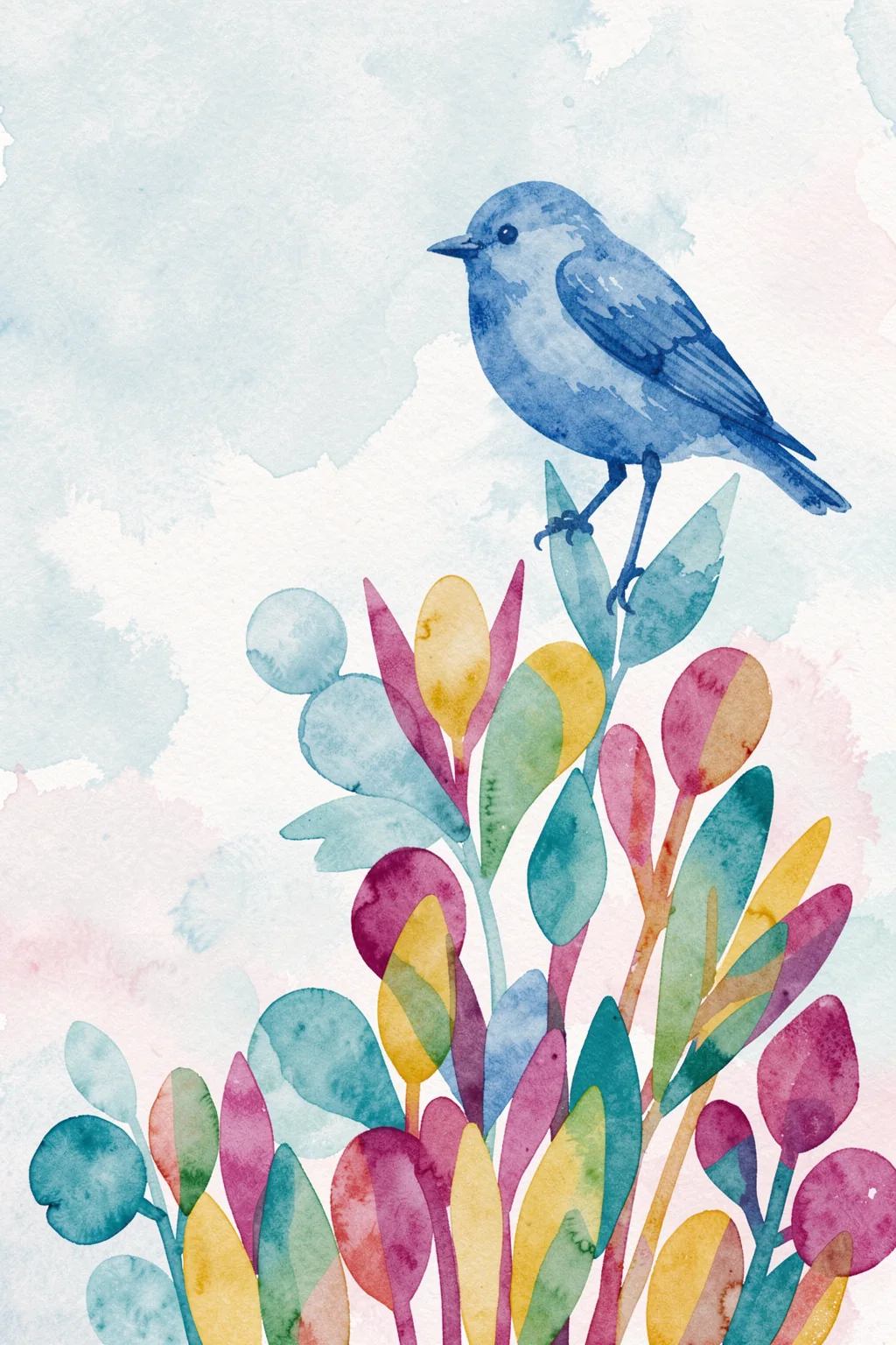 Whimsical Blue Bird Garden. A blue bird perches among colourful watercolor leaves and flowers in teal, magenta and yellow on a pale ground.