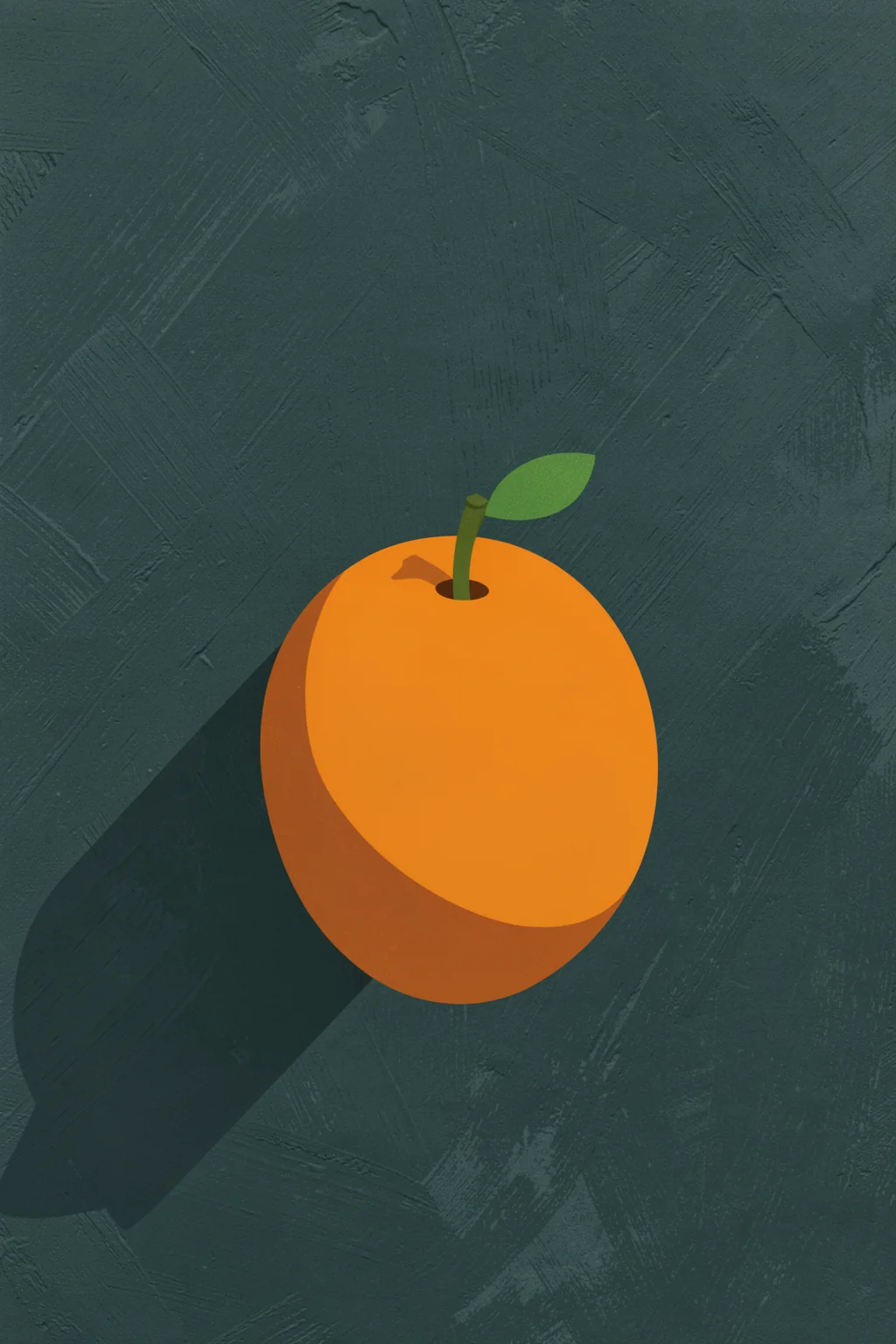 Vibrant Orange Still Life. A bright orange with a small green leaf is centred against a dark, textured teal-green background.