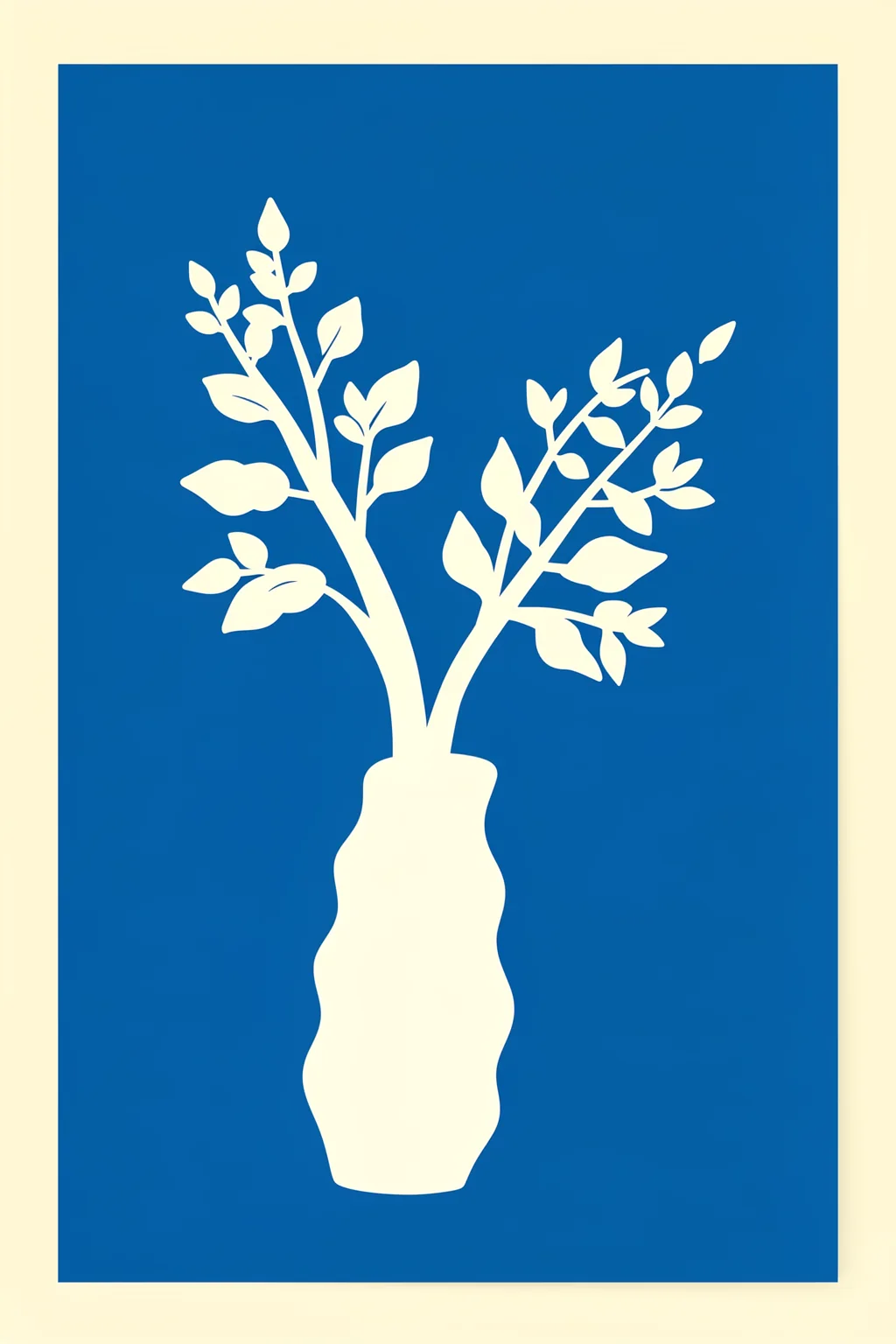 Abstract Blue Floral Vase. A cream vase with a wavy outline and leafy stems is framed by a blue rectangular field and a wide ivory border.