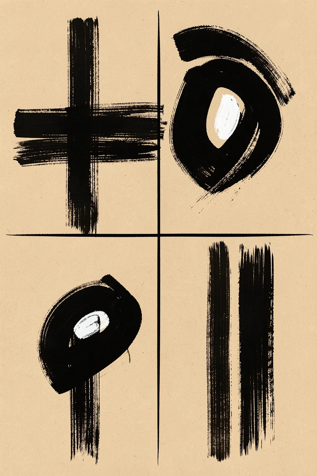 Bold Strokes Dance. Bold black brush marks and fine dividing lines form an irregular grid across a warm tan ground.