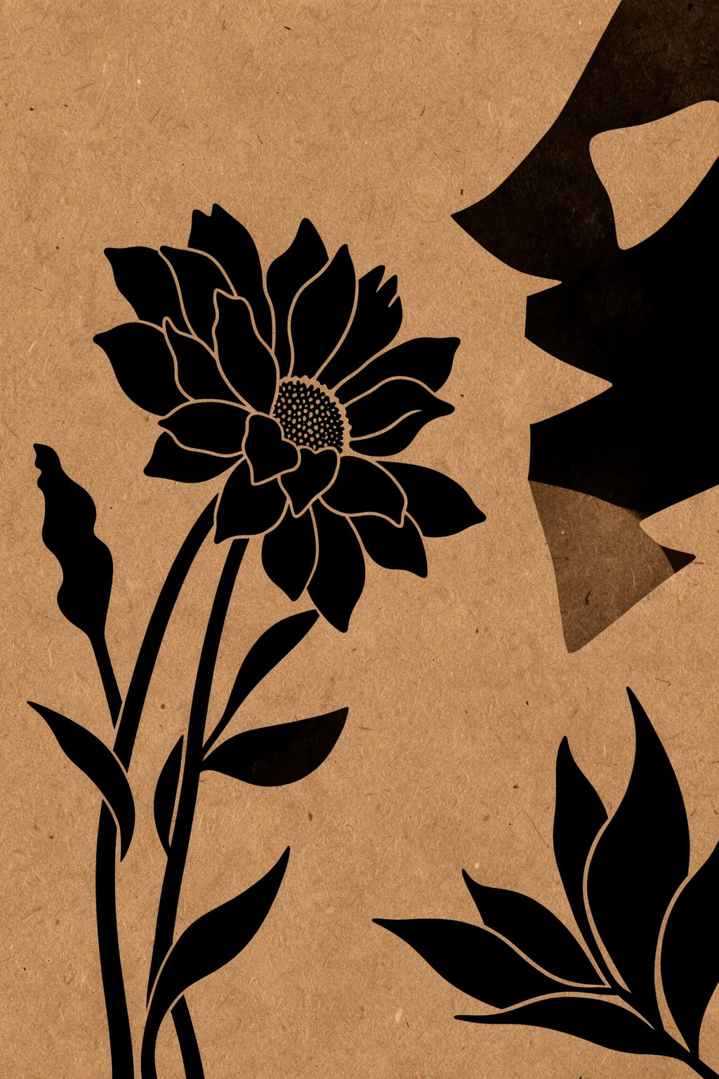 Black Botanical Silhouette. A black botanical silhouette of leafy stems and flowers stands against a warm, kraft-brown textured field.