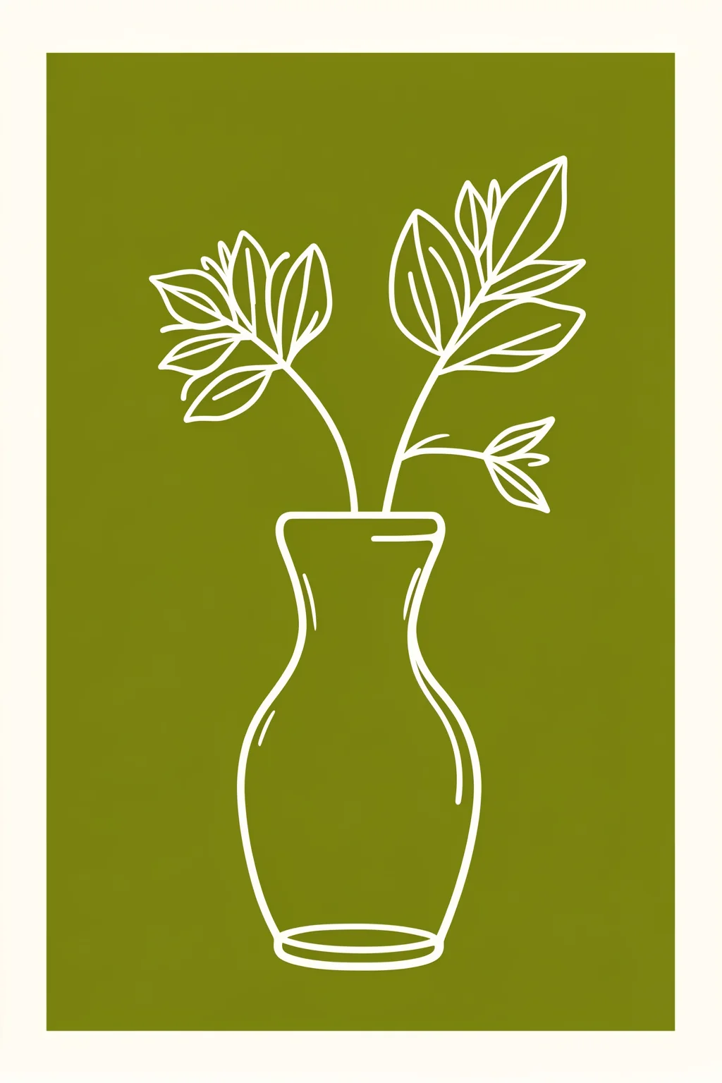 Organic Sage Plant. Fine white linework depicts a vase and leafy branches on an olive-green panel with a pale border.