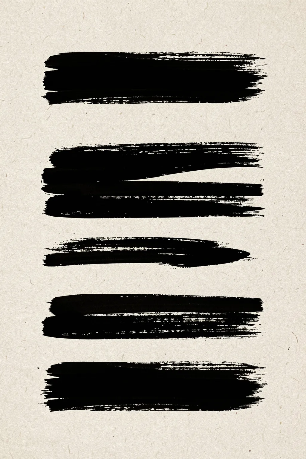 Brushstroke Symphony. Five bold horizontal black brushstrokes are spaced down a lightly speckled cream background.
