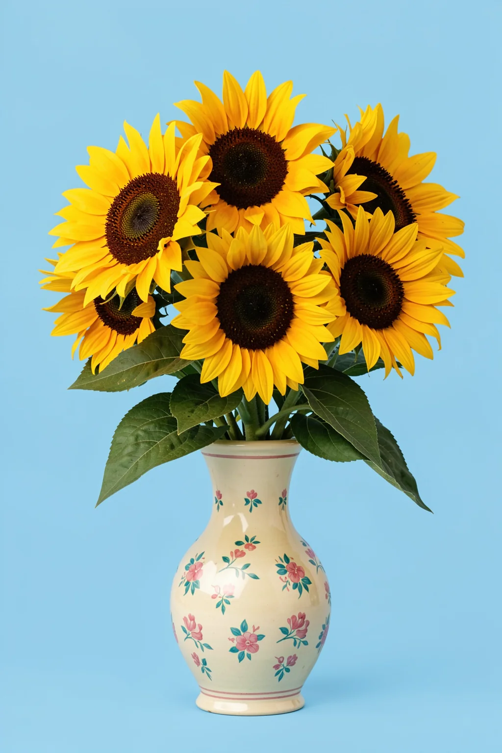 Sunny Sunflower Bouquet. A full bouquet of golden sunflowers rises from a floral-decorated ivory vase against a clear sky-blue background.