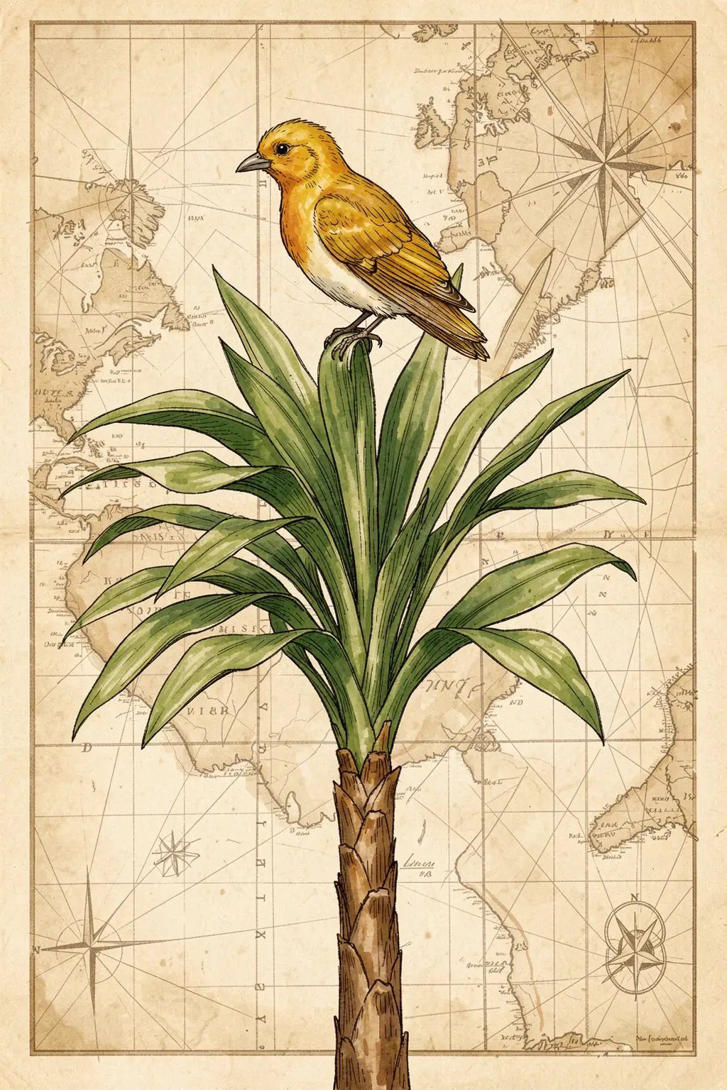 Tropical Map Bird. A golden songbird perches on a broad-leaved plant over a vintage map in warm parchment tones.