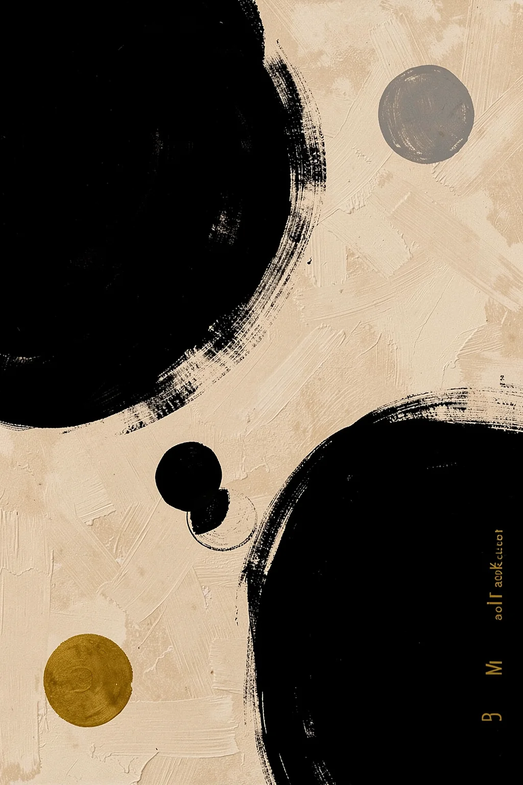 Shapes in Harmony. Large black curved brush forms and small grey and ochre circles balance across a textured beige composition.