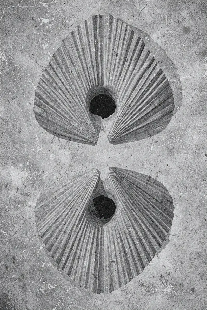 Mirrored Organic Grey. Two mirrored fan-like forms with radiating ridges and dark centres sit vertically on a distressed monochrome grey ground.