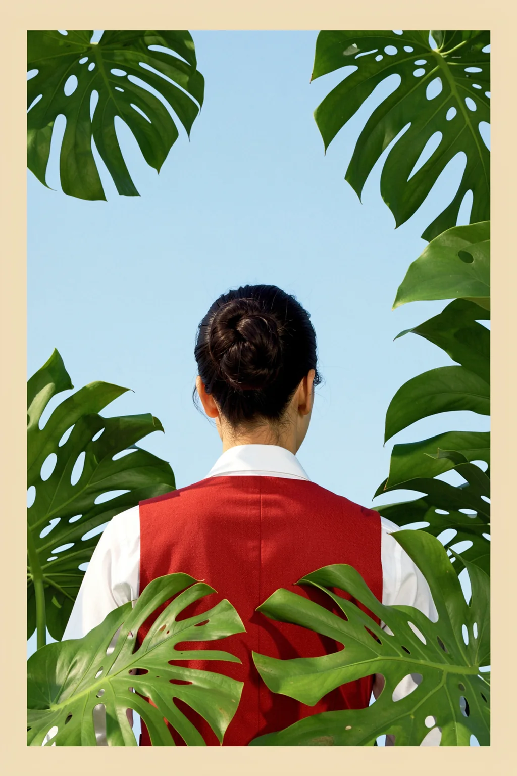 Girl Loves Plants. A person seen from behind in a red vest is surrounded by large monstera leaves against a pale blue centre and warm cream border.
