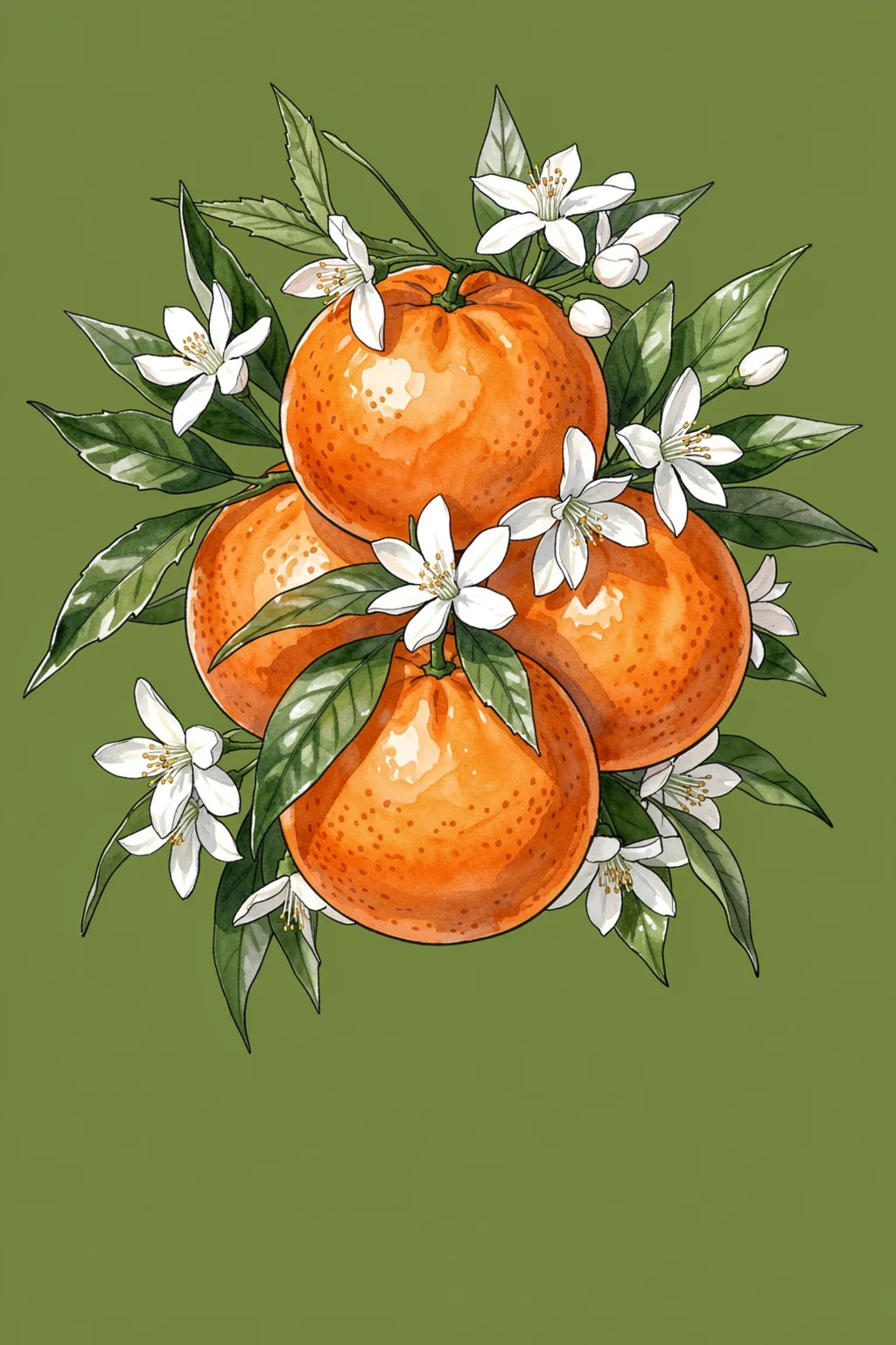 Citrus Blossom Harvest. A cluster of ripe oranges, white blossoms and green leaves is illustrated against a muted olive background.