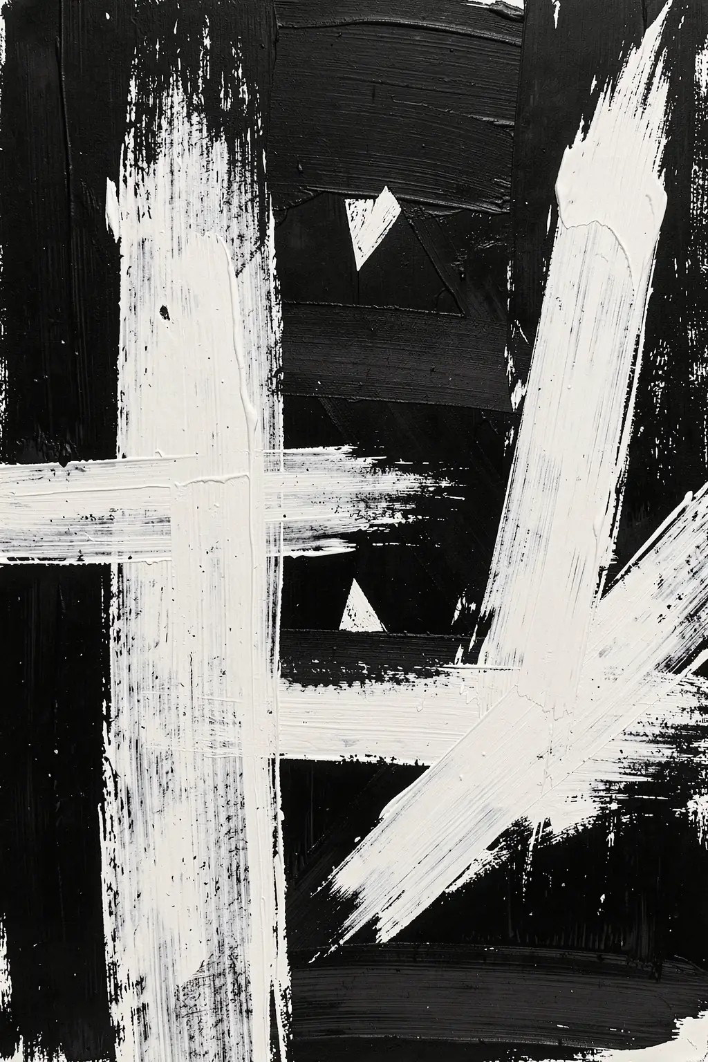 Monochrome Brushstrokes. Broad black and white brushstrokes cross in an energetic abstract composition with sharp triangular gaps.