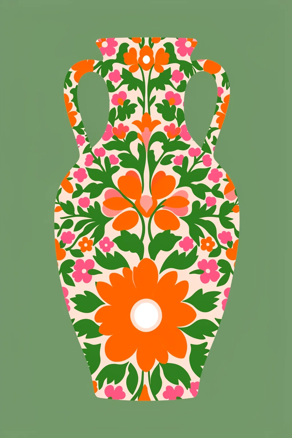 Modern Floral Vase. A large two-handled vase covered in bold orange, pink and green floral motifs stands against a sage-green background.