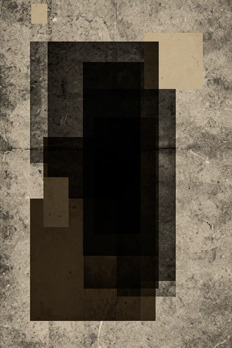 Umbral Echoes. Overlapping dark rectangular shapes form a tall abstract composition on a mottled beige and charcoal ground.