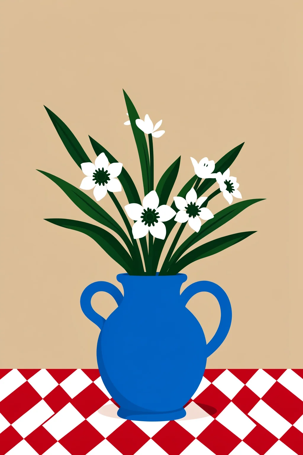 Modern Floral Blue Vase. White flowers with dark centres and long green leaves rise from a vivid blue handled vase above a red-and-white checked table.