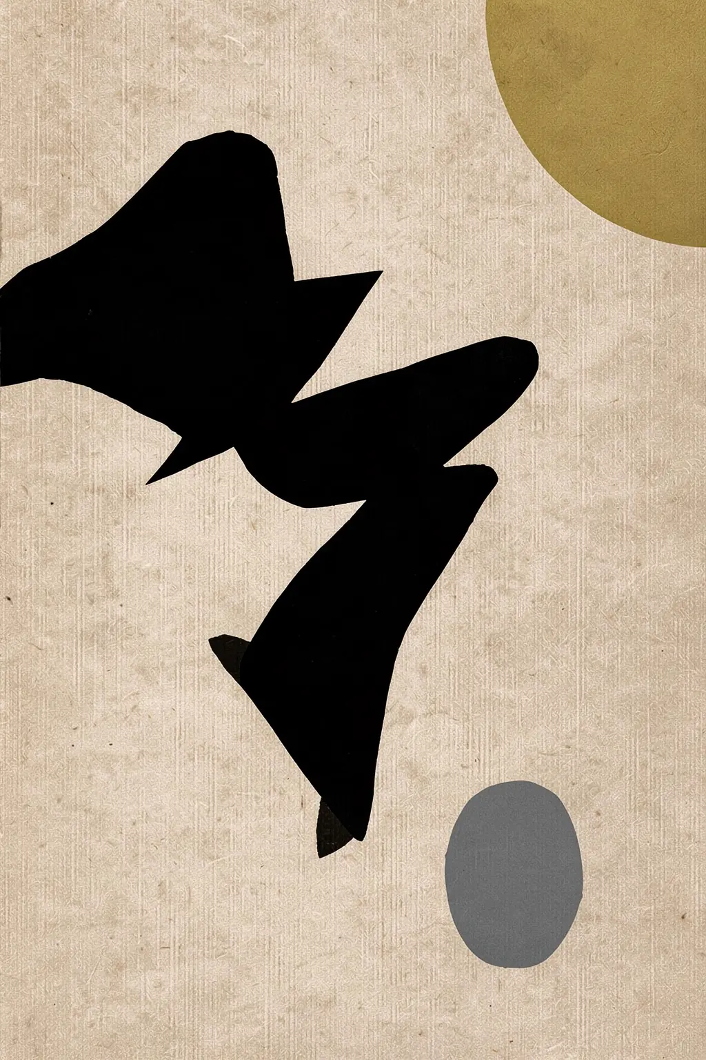Curves and Shadows. A sweeping black abstract form is balanced by muted ochre and grey circles on a textured cream ground.