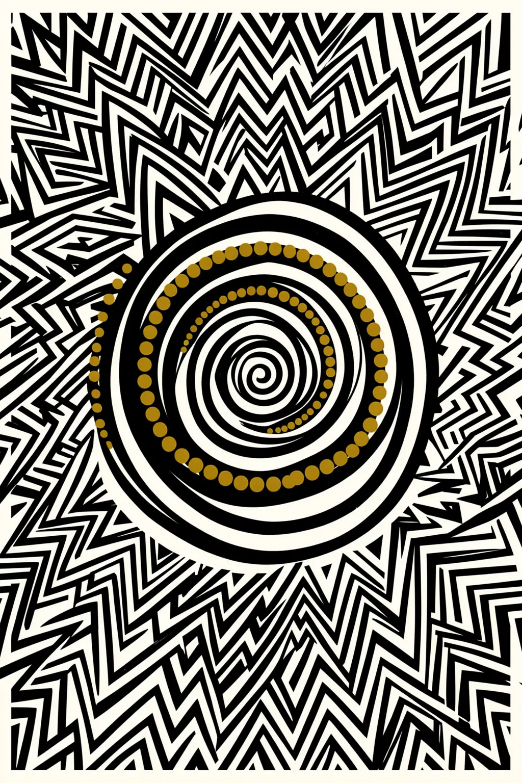 Bohemian Sunburst Mandala. Concentric black-and-ivory rings with gold dots sit at the centre of a dense, radiating zigzag pattern.