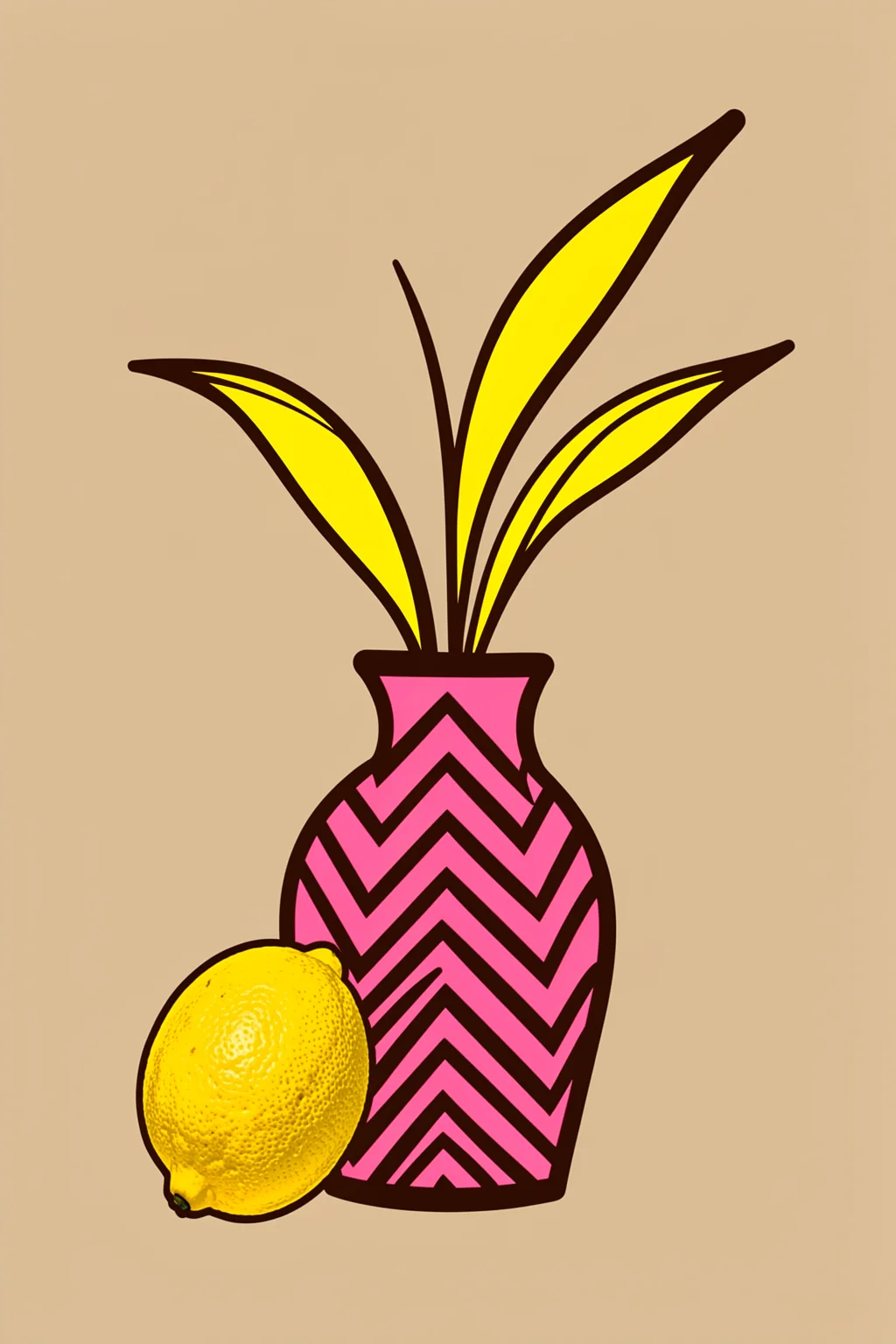 Boho Lemon Still Life. A bright lemon sits beside a pink vase with a bold zigzag pattern and stylized yellow leaves on a warm beige ground.