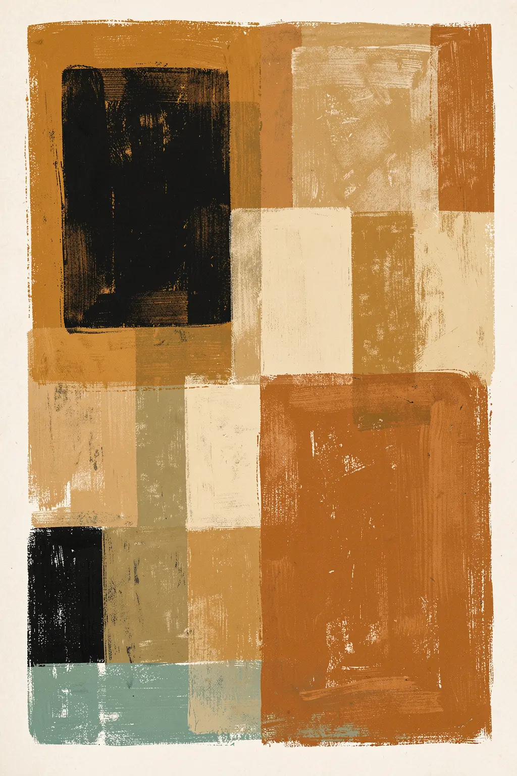 Layered Vibrance. Overlapping textured rectangles in black, ochre, rust, cream and muted blue-green form a layered abstract composition.