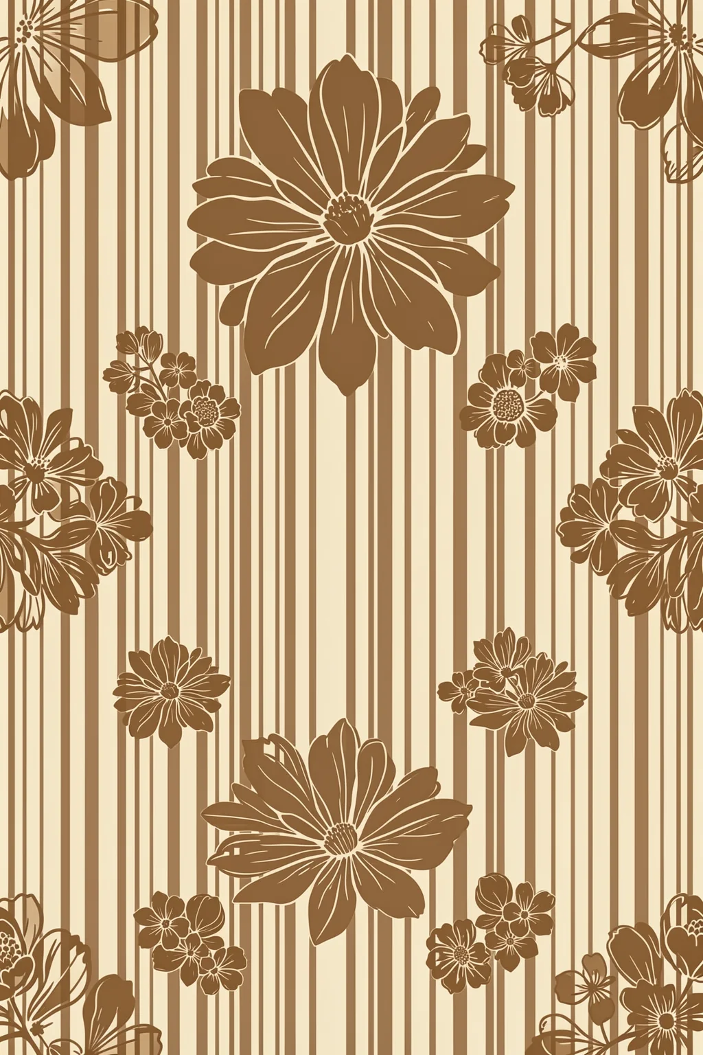 Elegant Floral Stripes. Brown floral silhouettes repeat over narrow vertical stripes in a warm cream-and-tan pattern.