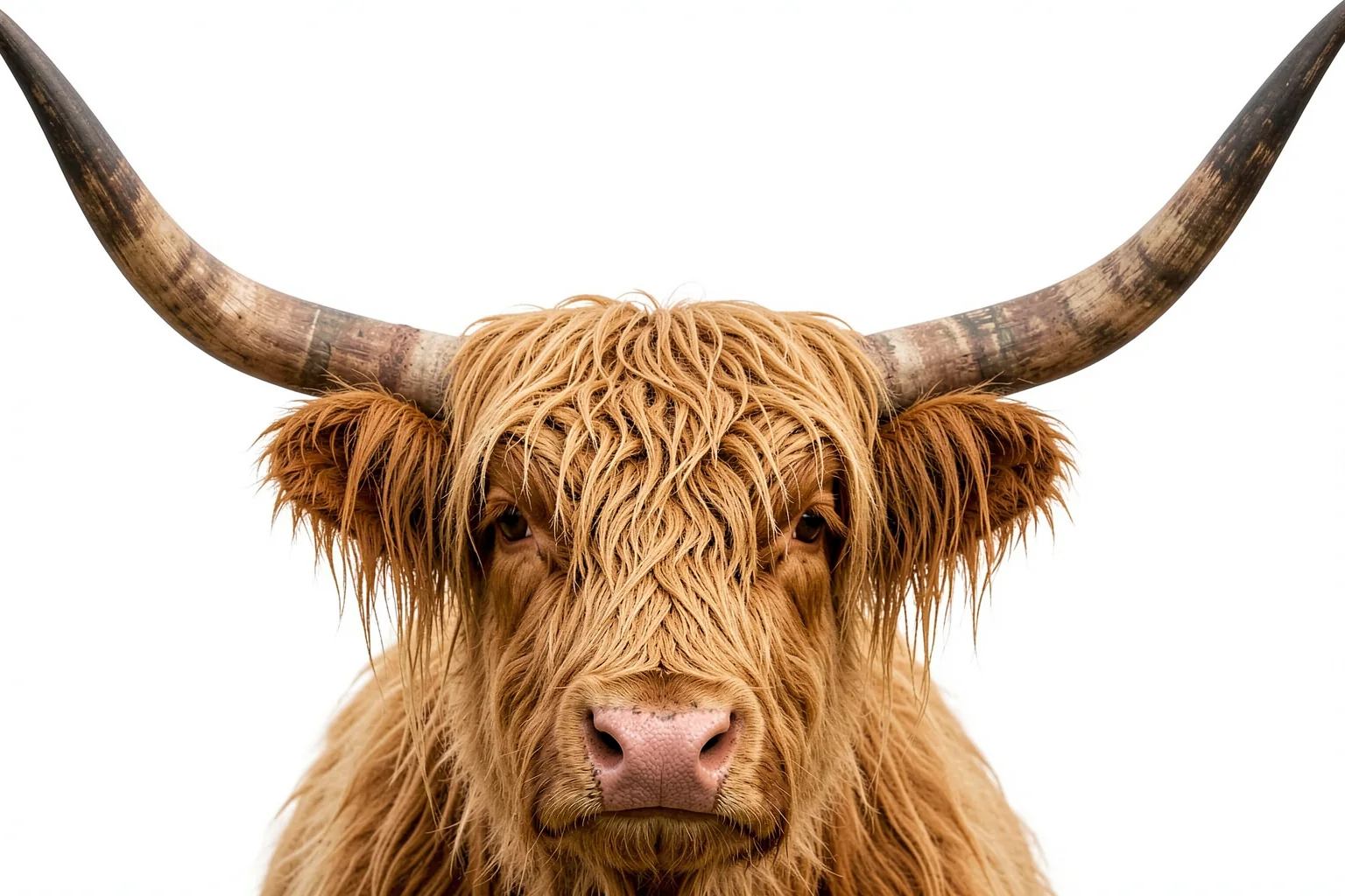 Peeking Cow. A shaggy Highland cow with long horns looks straight ahead against a clean white background.