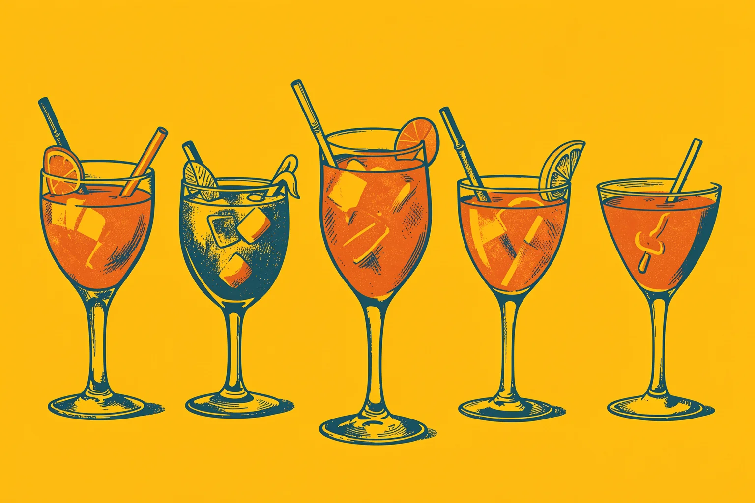Happy Hour Cocktails. Five outlined cocktail glasses with citrus garnishes and straws form a row in deep blue on a vivid yellow ground.