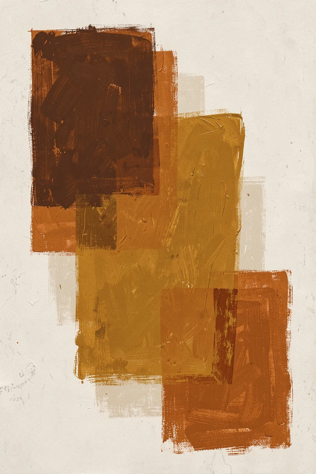 Earthy Layers. Overlapping textured rectangles in rust, ochre and deep brown form an earthy abstract arrangement on cream.