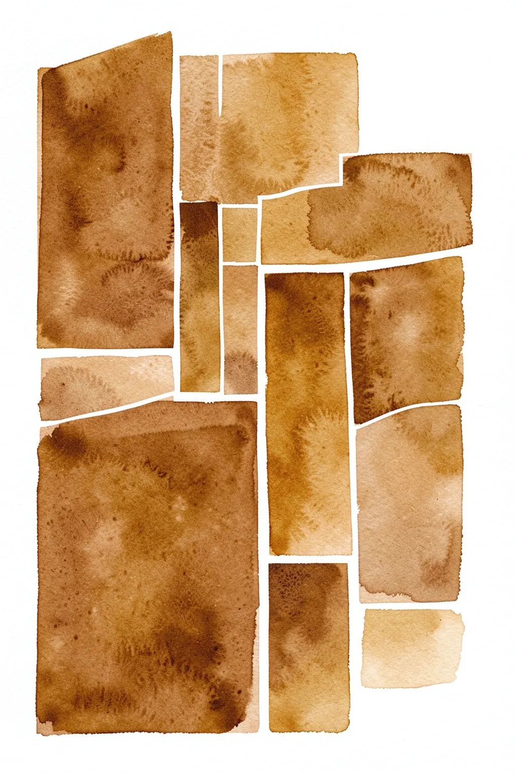 Cutted. Uneven sepia and brown rectangular washes form a loose patchwork on white.