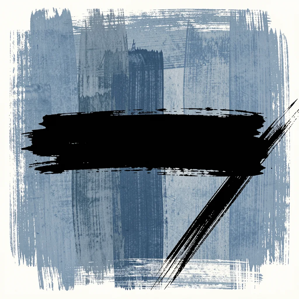 Midnight Hues. A wide black brushstroke cuts across layered blue-grey paint marks on a lightly textured ivory ground.
