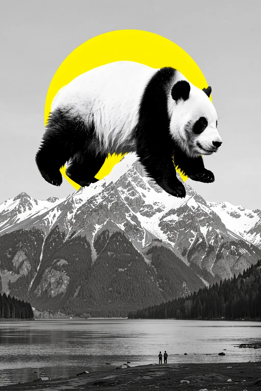 Giant Panda Mountain Slumber. A giant panda appears above a mountain lake, with a bright yellow sun behind the monochrome peaks.