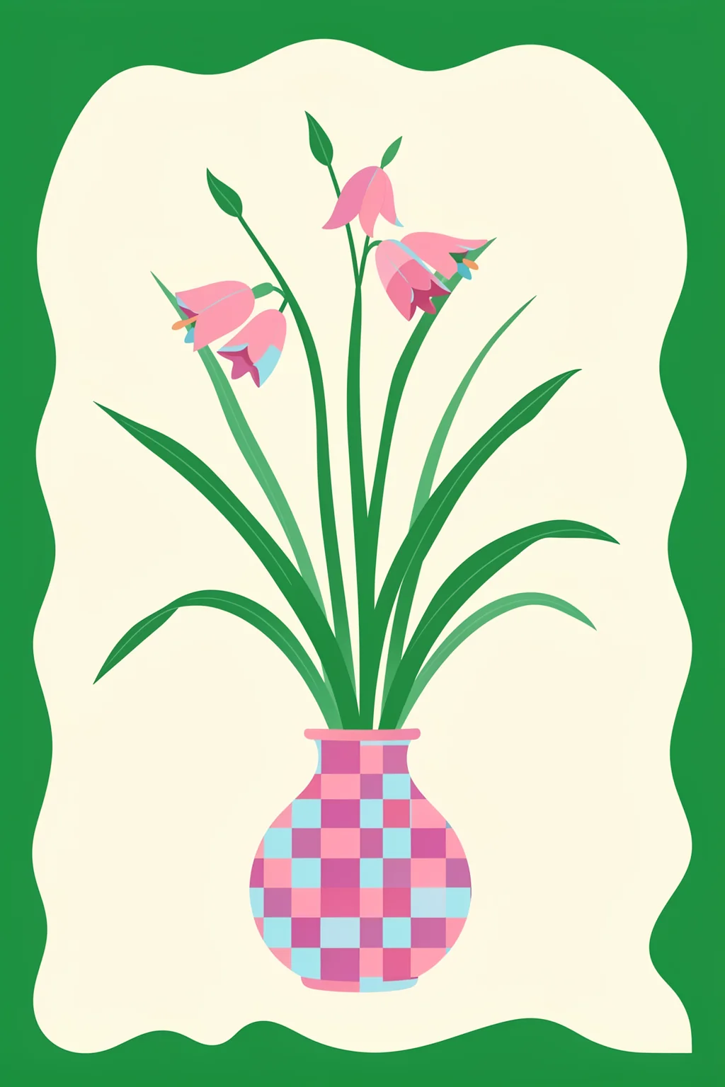 Chic Floral Arrangement. Pink bell-shaped flowers rise from a checker-patterned vase inside a wavy cream panel framed by green.