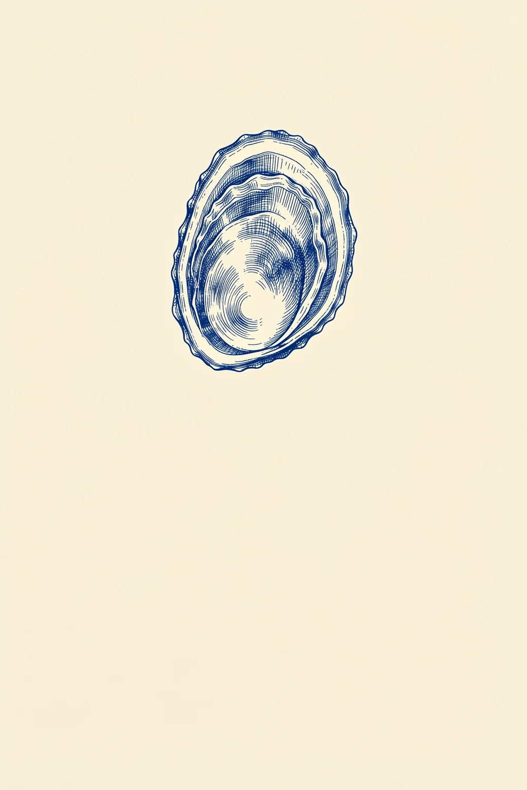 Oyster Shell Maidens. A single oyster shell is outlined in blue with layered ridges on a pale cream background.