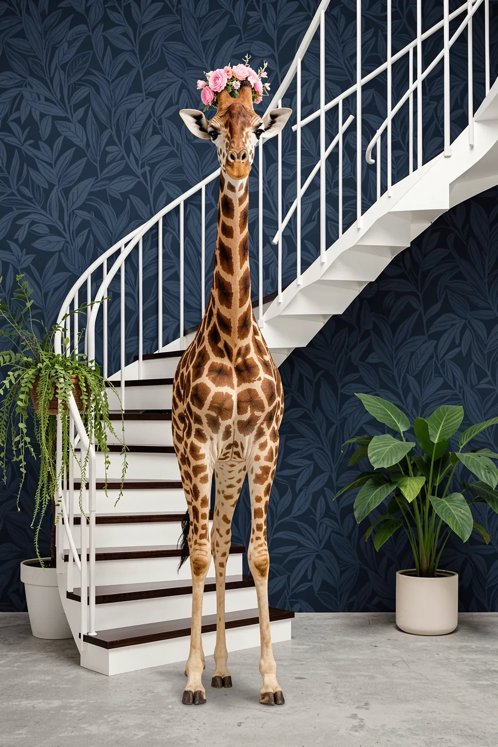 Flowered Giraffe Interior. A tall giraffe stands on a pale floor in a modern interior with a dark botanical wall, staircase, potted plants and a small flower crown.