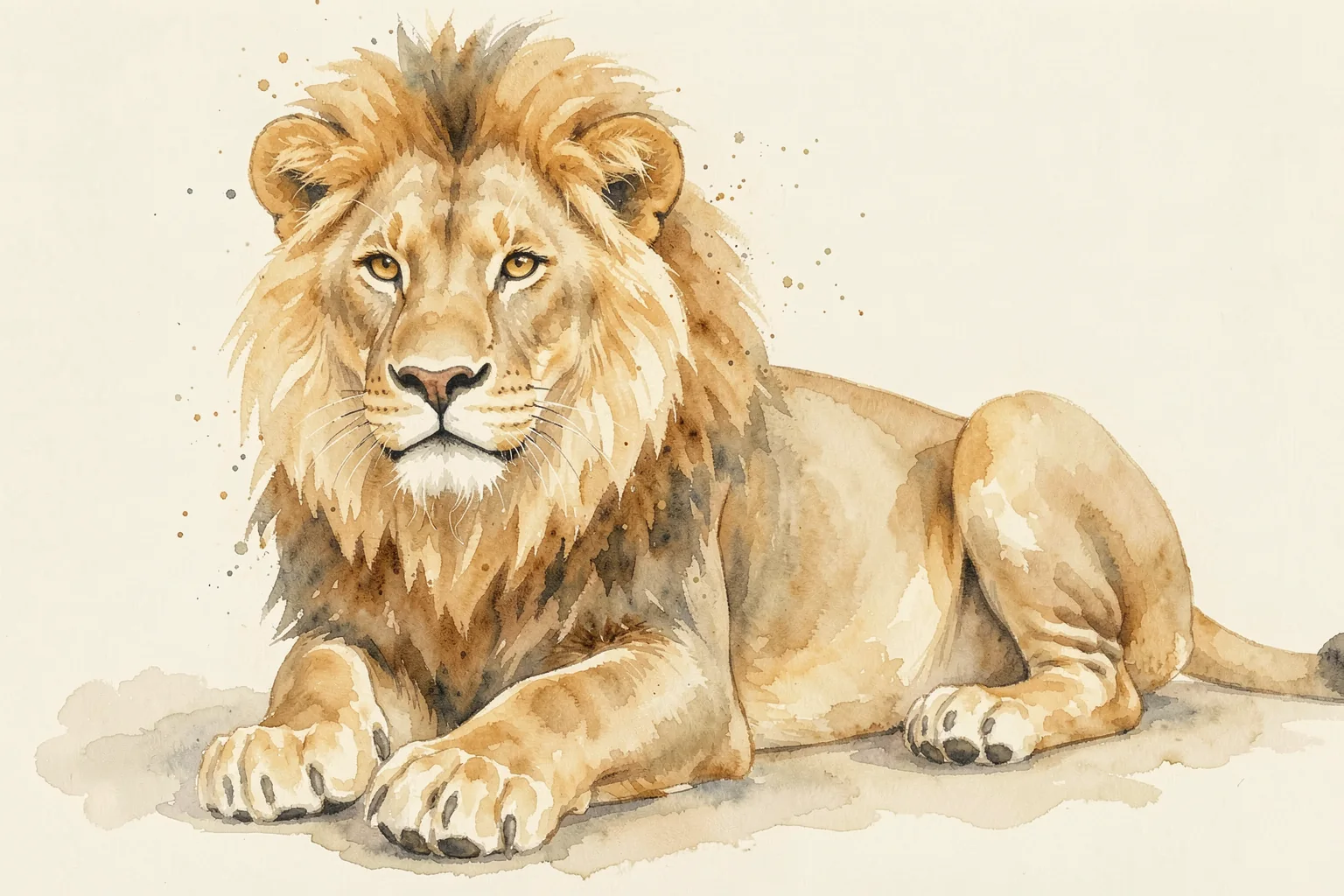 Majestic White Lion Watercolor. A pale lion rests in a loose watercolor wash, facing forward against a soft ivory background.